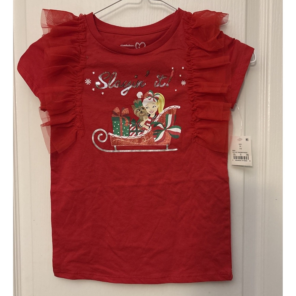 New JoJo Siwa Red Christmas Graphic Shirt‎ Tulle Sleeve Slayin It Med (7/8)